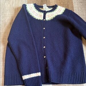 L.L. Bean Dark Blue Women's Cardigan with Patterned Yoke